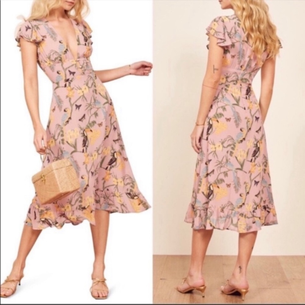 Reformation Parrot Toucan Print Midi Riegan Dress